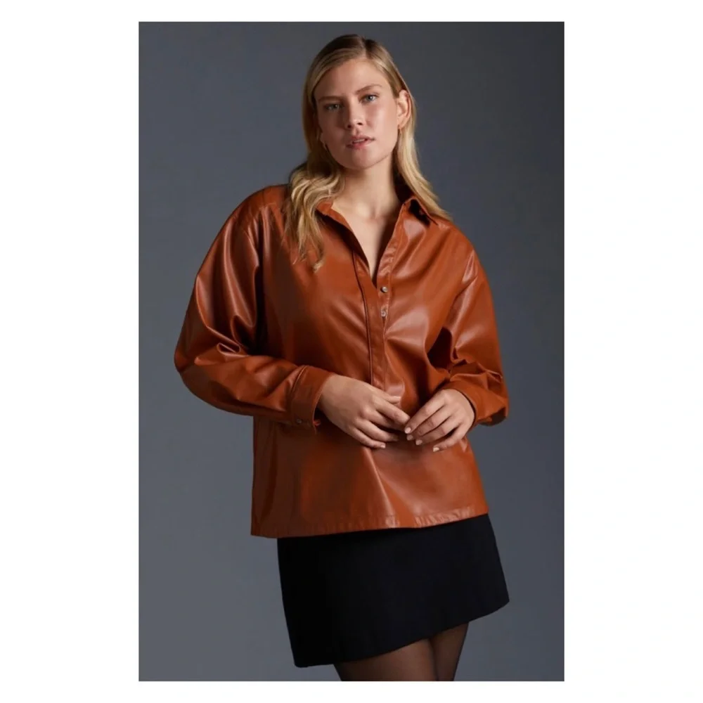 NWOT Anthropologie Faux Leather Shirt in Cedar  Size 1X - Picture 3 of 8